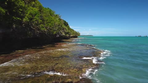 A low-flying drone flight along the rugged, tree-lined coastline of the Isle of Pines