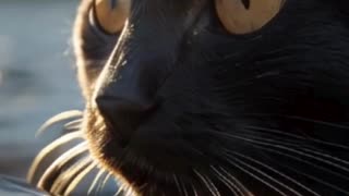 black cat swims in the sea