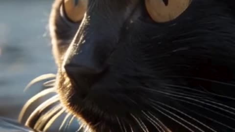 black cat swims in the sea