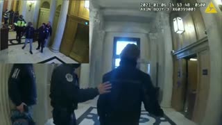 January 6 officer used a baton to shove a peaceful man to the ground as he was leaving the Capitol.