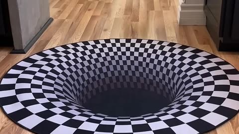 Dogs funny reaction to entering optical illusion rug!