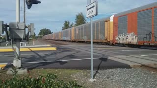 BNSF autorack freight train Southbound in Kent, WA on 10/13/2023
