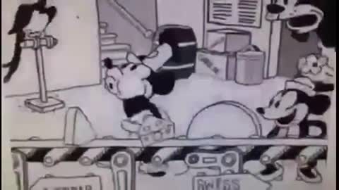 MICKEY MOUSE MAKING SWISS CHEESE. HE IS MAKING HOLES IN THE CHEESE WITH HIS ERECT PENIS.