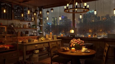 A Rainy Day in 4K Cozy Coffee Shop ❄ Background Instrumental to Relax, Study, Work
