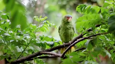 Green Birds Perched on Tree Branch