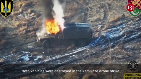 A Ural military truck carrying aid to the Russians burns after a drone attack