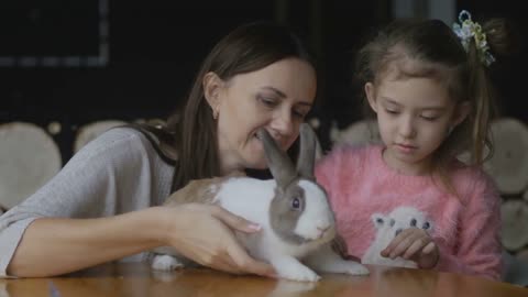 Mother and daughter playing with rabbit