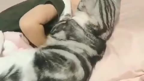 Aah Cute Girl curling with a cat when sleeping