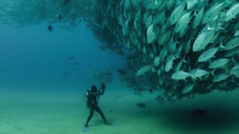 TUNA TORNADO - Huge Swarm of Jack Fish Dwarf Scuba Diver