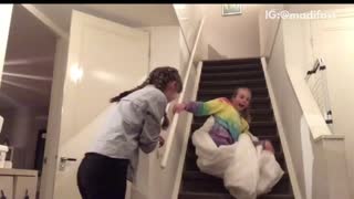 Little girl tye dye stairs falls blanket