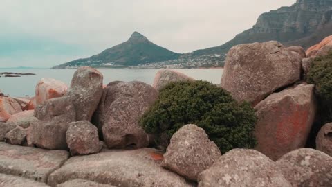 Boulders of rock lying along the coastline of the sea