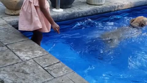 Little Girl Playing with Dog in the Pool