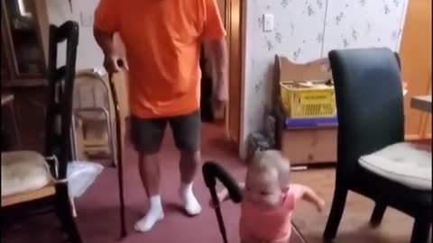 When Cute Baby Acting His Grandfather Walking