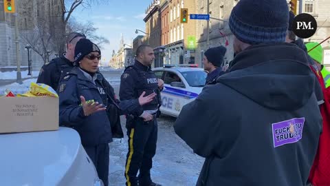 Freedom Convoy supporters are told by the police that they can’t carry gasoline for the truckers. One says the police are at fault and he’s carrying an empty jerrycan “just to piss them off.”