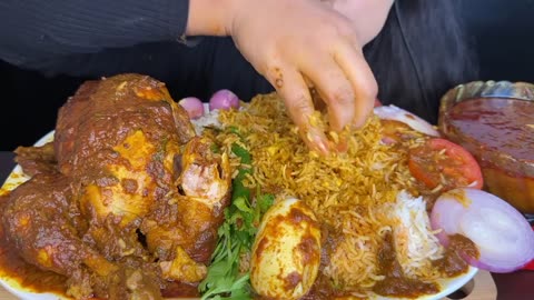 ASMR Eating Spicy Whole Chicken Curry, Egg Curry, Basmati Rice 🤤