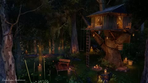 Tropical Rainforest Ambience nature sounds for sleep rain on leaves & cozy treehouse.