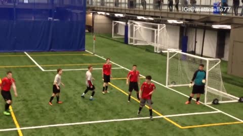 Soccer players corner kick sends blocker to the turf