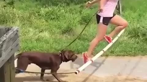 Ladies jumping with dog jumping tricks shots