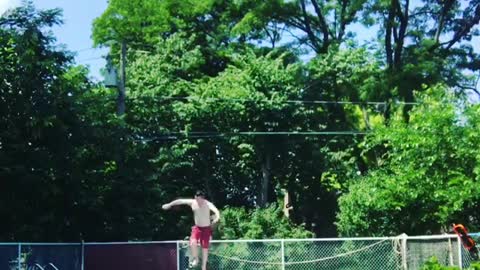 Collab copyright protection - man in red shorts break diving board