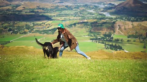 Girl Playing With Dog In The Grass 1#