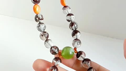 Orange Spiny oyster and black Ghost phantom quartz Prehnite pendant faceted Garnet beads necklace04