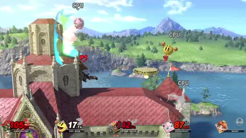 Ganondorf Vs Pac Man Vs Captain Falcon Vs Jigglypuff Vs Daisy on Princess Peach's Castle (Smash Bros