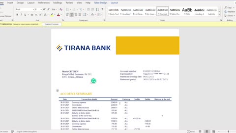 Albania Tirana banking statement template in Excel and PDF format