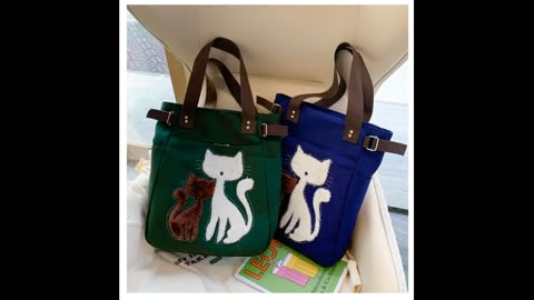 Women Canvas Handbag Kaukko Shoulder Bag Cat Big Tote Bag