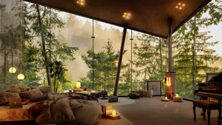 Cozy Cafe 🌤️ Early Morning Bedroom in Forest with Slow Piano Music ☕ Relaxing Jazz for Work , Study