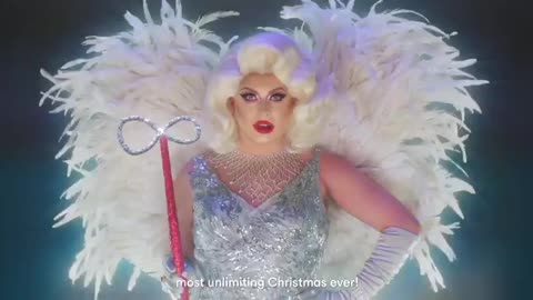 Commercial featuring drag queen replacing an angel on Christmas tree