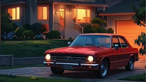 A stunning minimal suburban house at night, with a classic car parked in the driveway