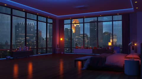 Listen to the quiet sound of rain in your cozy bedroom with a city night view.(8hours)