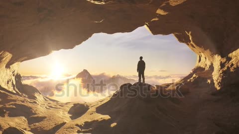 Man Hiker standing in a cave with rocky mountains in background