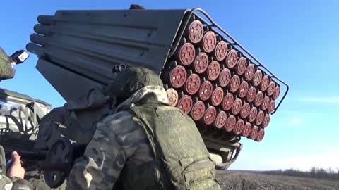 Russian MLRS BM-21 'Grad' Fires Rockets At Ukrainian Military Positions