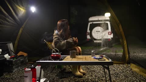 Rainy-Day Camping Rainstorm Relishing Peaceful Camping Alone Tent Shelter