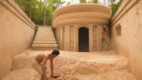Man making 100 Days Building A Modern Underground Hut With A Grass Roof And A Swimming Pool