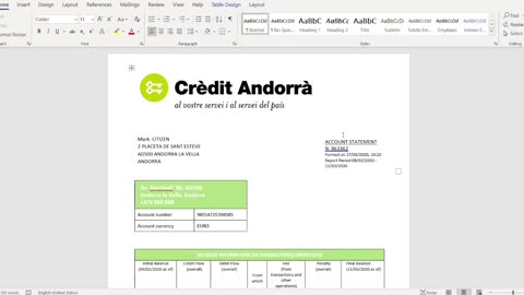 Andorra Credit Andorra banking statement template in Word Excel and PDF format