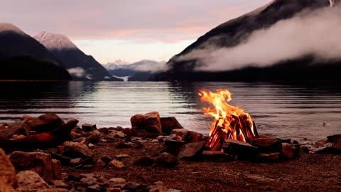 Calm Lake View and Crackling Fire Sounds