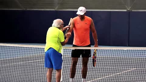 World's oldest tennis player takes on Nadal