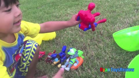 HUGE EGGS Surprise Toys Challenge with Inflatable water slide