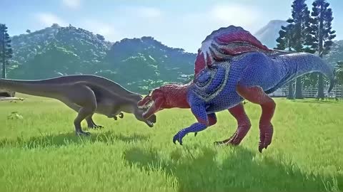 Spiderman Spinosaurus vs Batman, Chomper Dinosaur Fights in Jurassic World Evolution