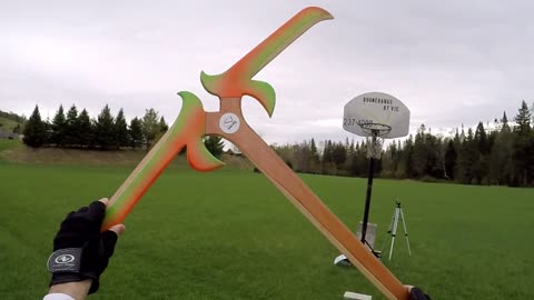 Giant boomerang makes two circles in one throw
