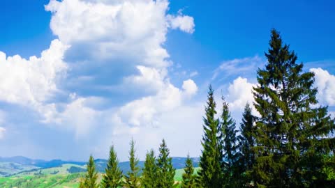 Huge clouds in the blue sky on the meadow