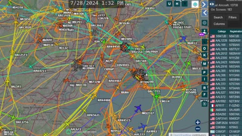 New York New Jersey Air traffic time lapse for July 28-29 2024