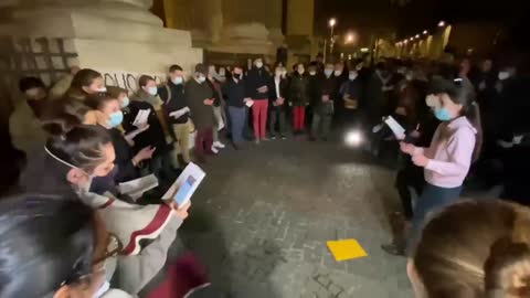 Catholics pray in front of Saint-Sulpice church in Paris to demand the return of Masses