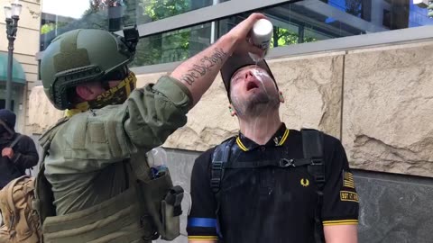 June 30 2018 portland 1.4 patriot pray/pb member was maced in the face, gets milk to help counteract