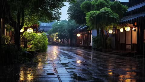 Heavy rain sound in a zen courtyard, relaxing meditation music leading you to a sweet sleep