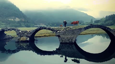 Old man and dog and cow