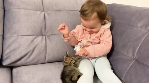 Cute baby meets cute baby kitten