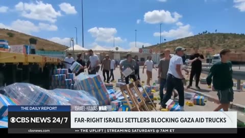 Far-right Israeli settlers block Gaza aid trucks.